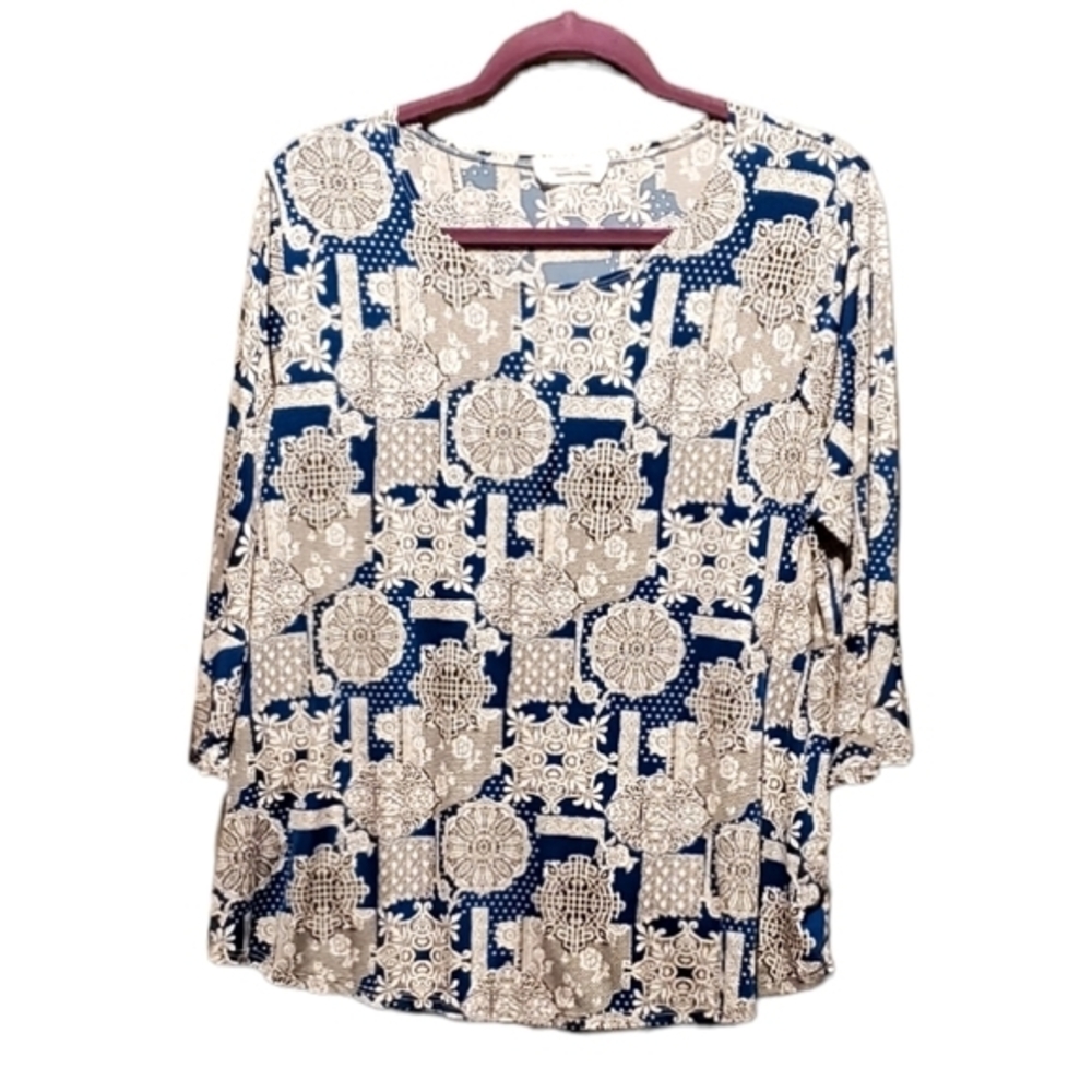 Exclusive One Blue Stretchy Blouse White Details‎ Large Pre-owned Women
